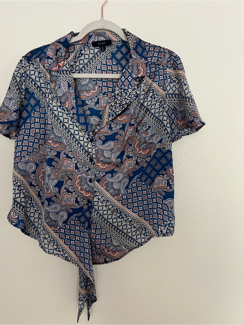ECLAIR Blue Paisley Tie-Front Button Down Shirt